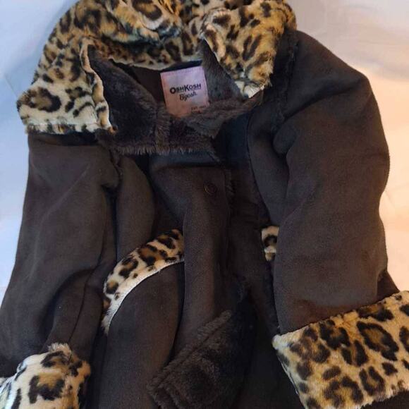 OshKosh B'gosh Girls Basic Coat Brown Leopard Hooded Mid-Length Long Sleeve 4 - Picture 6 of 10